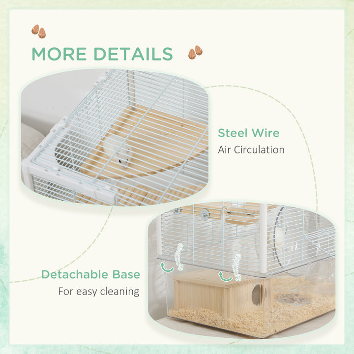 PawHut Hamster Cage, Gerbilarium Cage, Wooden Ramp, Exercise Wheel, Food Bowl, Natural Tone and White | Aosom UK