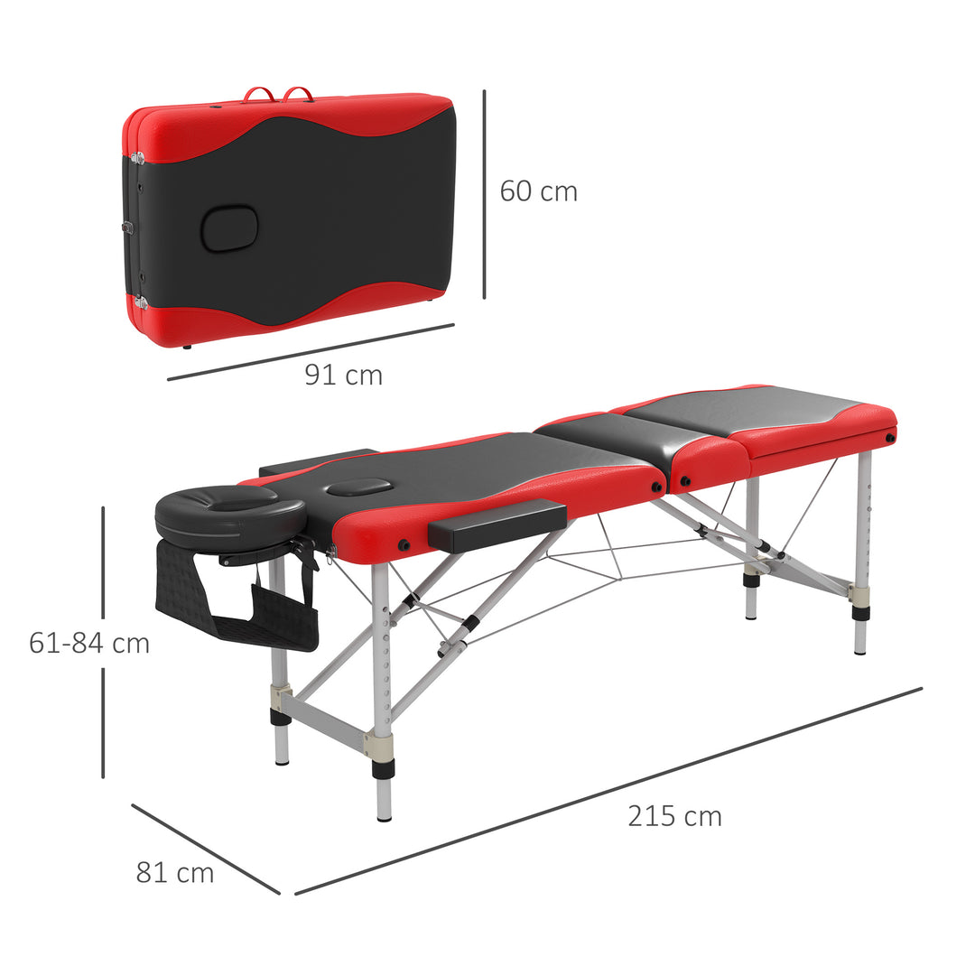 Foldable Massage Bed Portable Table, 3-Section Aluminium Foldable Beauty Couch, Professional Salon Spa Table with Headrest Support and Carry Bag, 60 cm Width, Black and Red