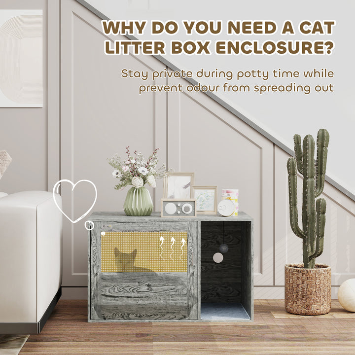 Cat Litter Box Enclosure with Rattan Door, Scratching Mat, Toy Ball, Non-Slip Foot Pads, Grey