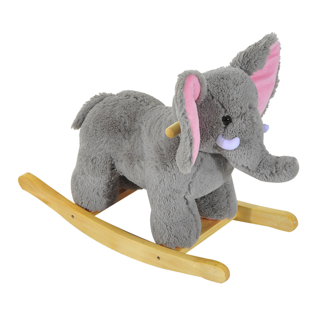 HOMCOM Plush Elephant Rocking Horse for Kids, Traditional Wooden Riding Toy with 32 Nursery Rhymes, Grey | Aosom UK