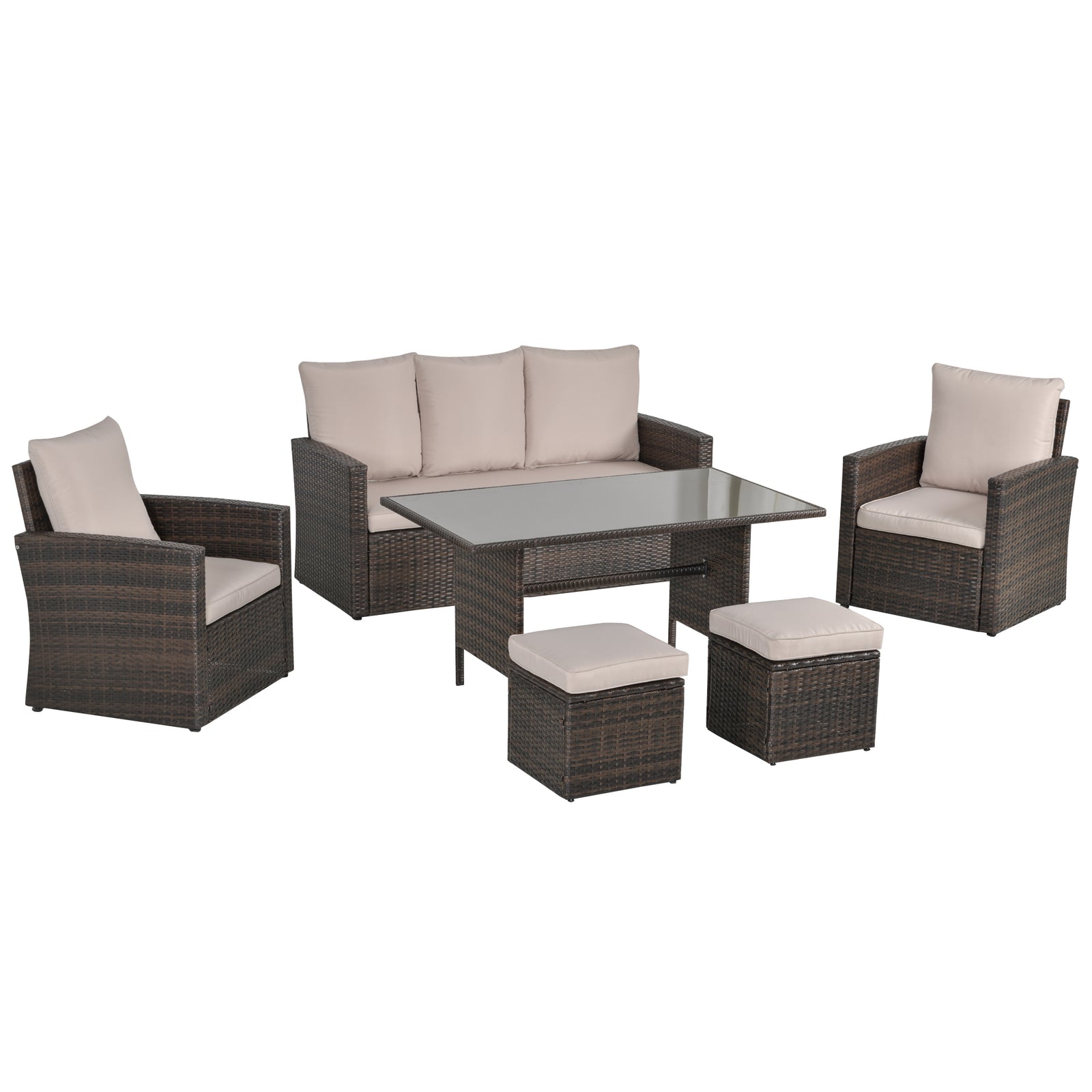 Six-Piece Rattan Sofa Set, with Glass-Top Table - Mixed Brown