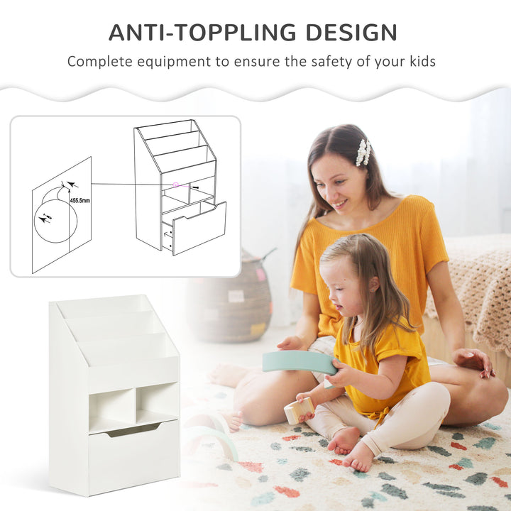 Kids Bookshelf, Toy Organiser, with Storage Drawer, Wheels - White
