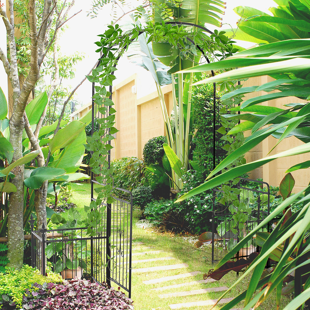 MCL Metal Garden Arbor Arch with Double Doors, 2 Side Planter Baskets, Climbing Vine Frame, Black