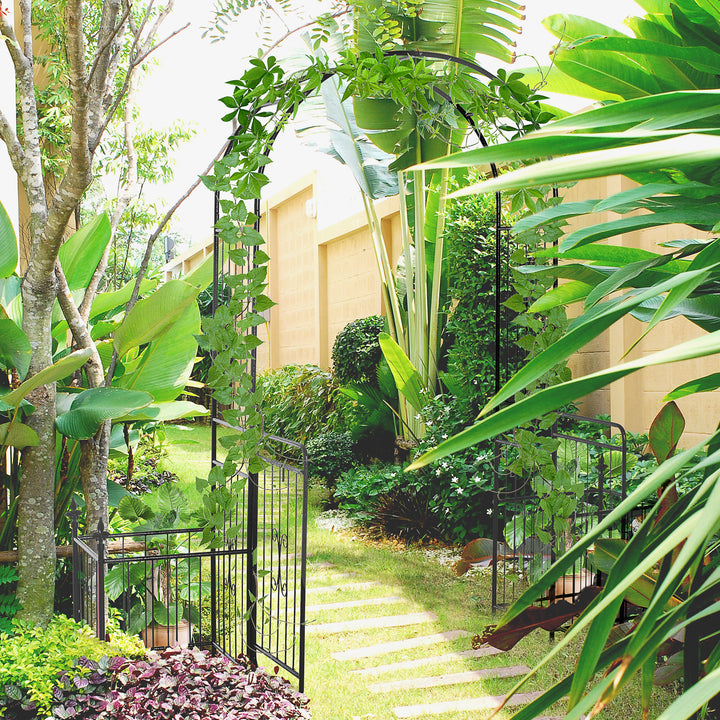 MCL Metal Garden Arbor Arch with Double Doors, 2 Side Planter Baskets, Climbing Vine Frame, Black