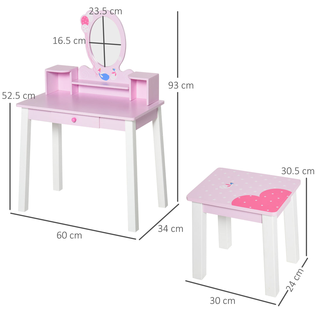 HOMCOM 2 PCS Kids Wooden Dressing Table & Stool Girls Vanity Table Makeup Table Set w/ Mirror Drawers Role Play for Toddlers 3 Year+ | Aosom UK