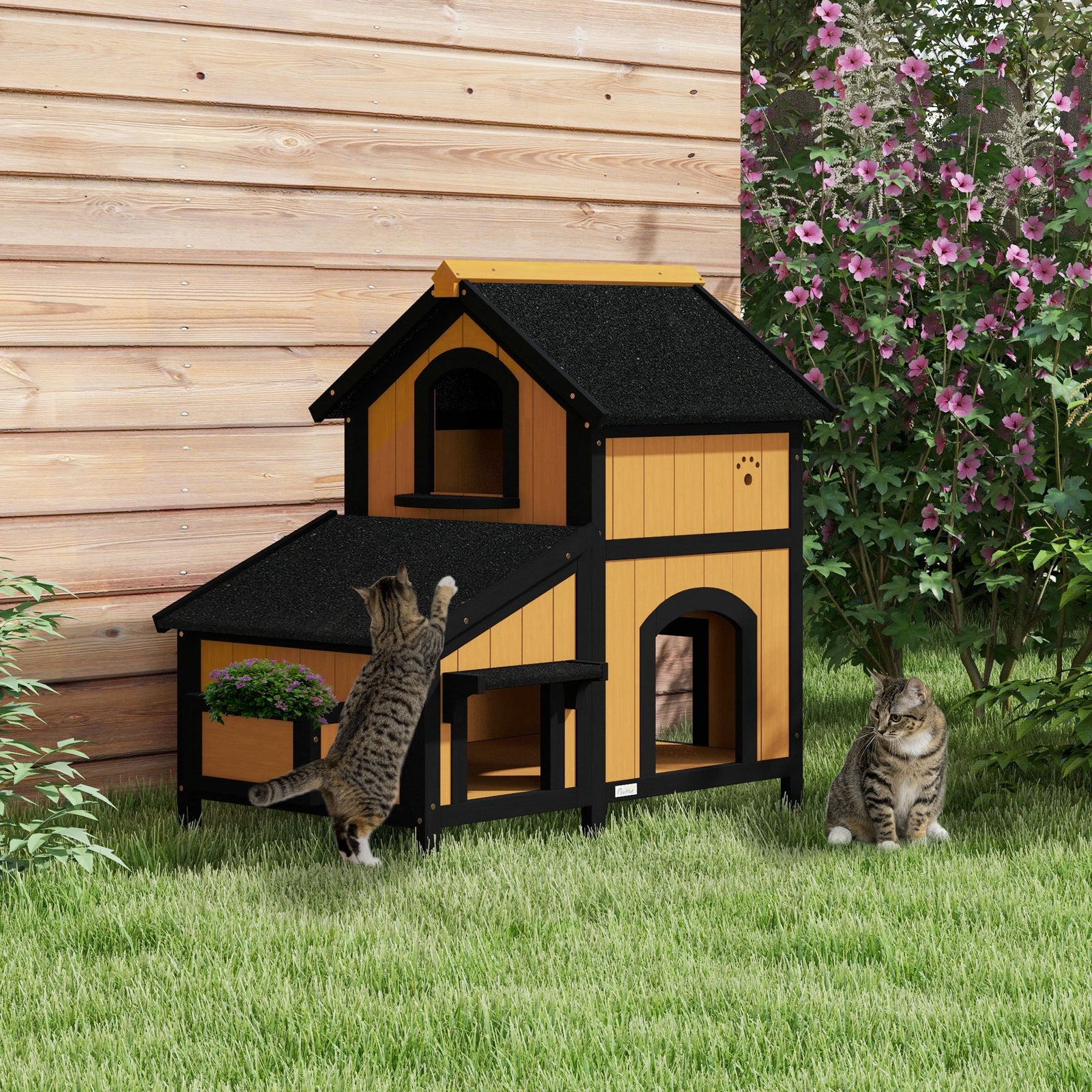 Wooden Cat House with Flower Pot, Windows, Multiple Entrances, Water-Resistant Roof for Outdoor - Yellow
