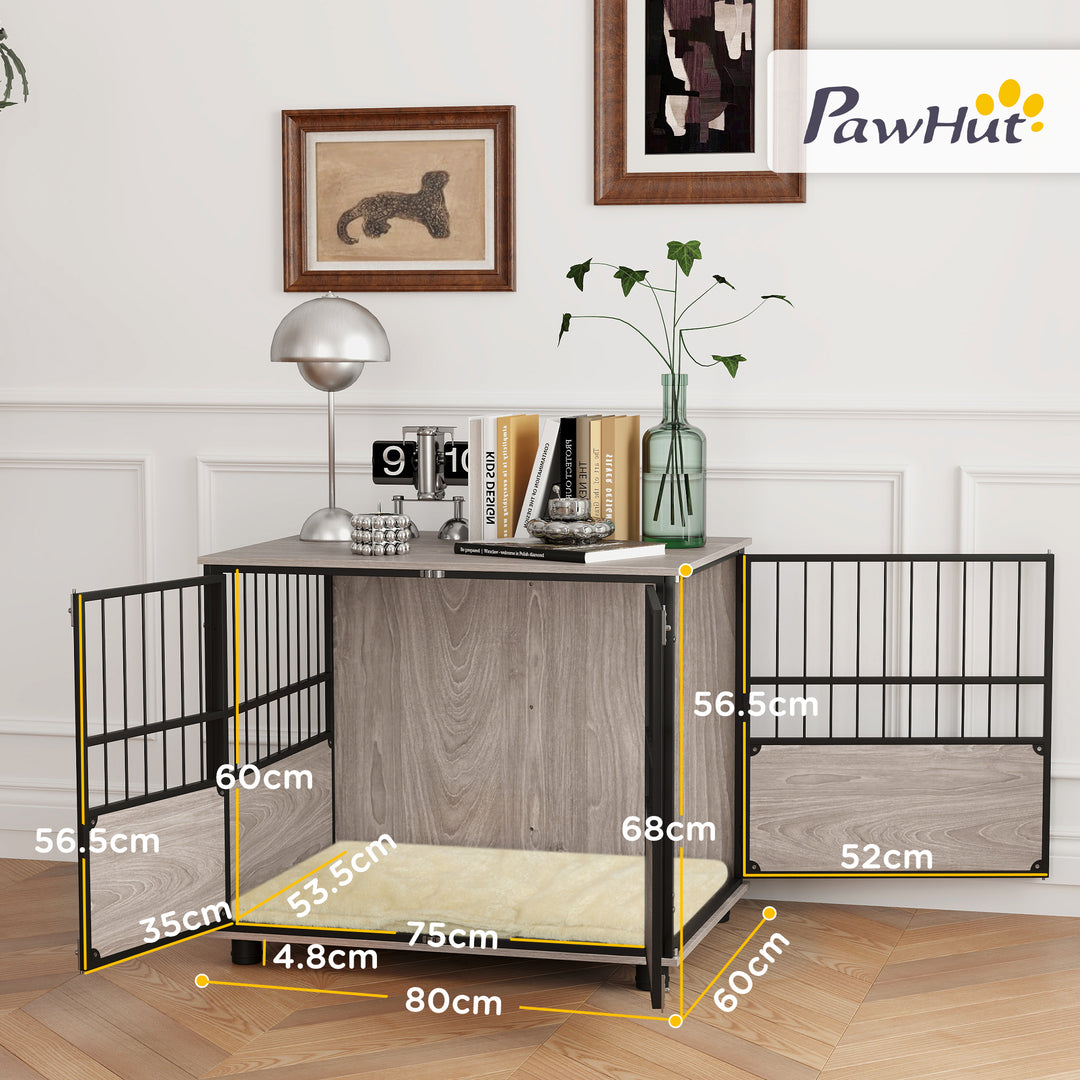 80cm Furniture Style Dog Crate Dog Cage End Table Indoor with 3 Doors Soft Washable Cushion, for Medium Sized Dogs