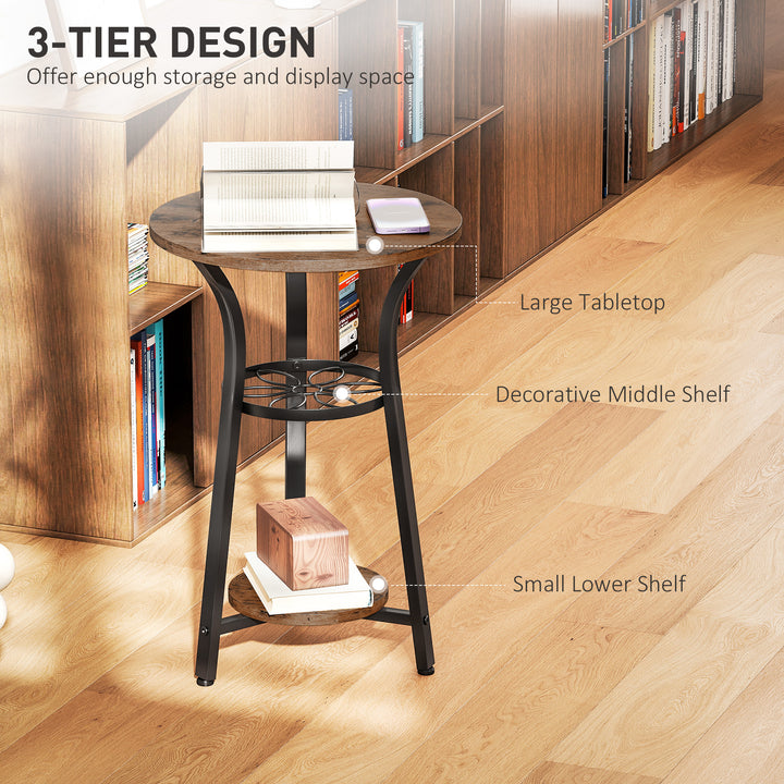 Small Round Side Table with 3 Storage Shelves - Rustic Brown