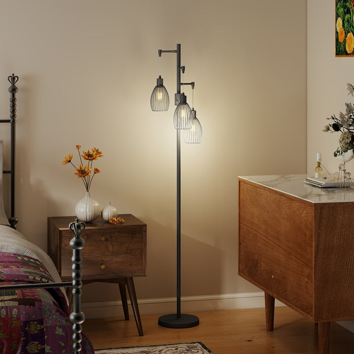 HOMCOM 3-Light LED Floor Lamp, 170cm Industrial Dimmable Standing Lamp with Steel Wire Cage Lampshades, 2700K for Living Room, Bedroom, Dining Room, Study, Black