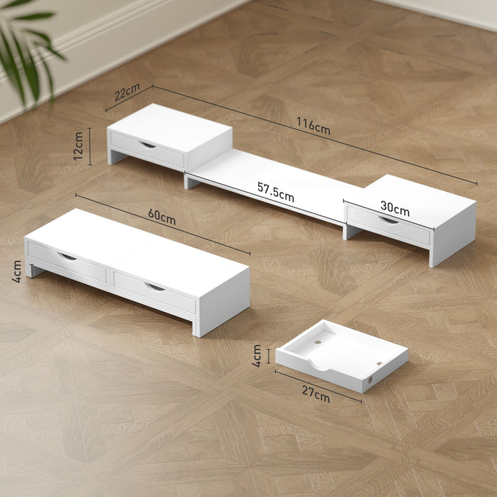 Dual Monitor Stand Riser with 2 Drawers, Adjustable Length and Angle, 116cm Monitor Riser for Laptop, Computer, PC, Small Printer, White
