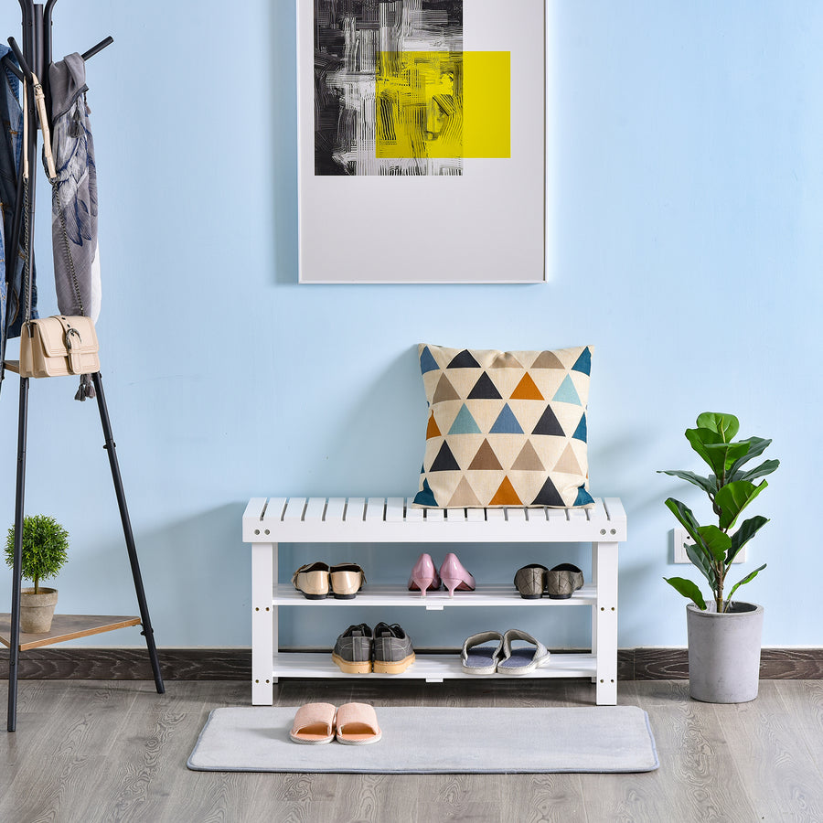 Shoe Bench, 3-Tier Wooden Shoe Rack with Hidden Storage Compartment, Slatted Shelves, Home Storage Unit, Hallway Furniture, White, 90L x 29W x45H cm