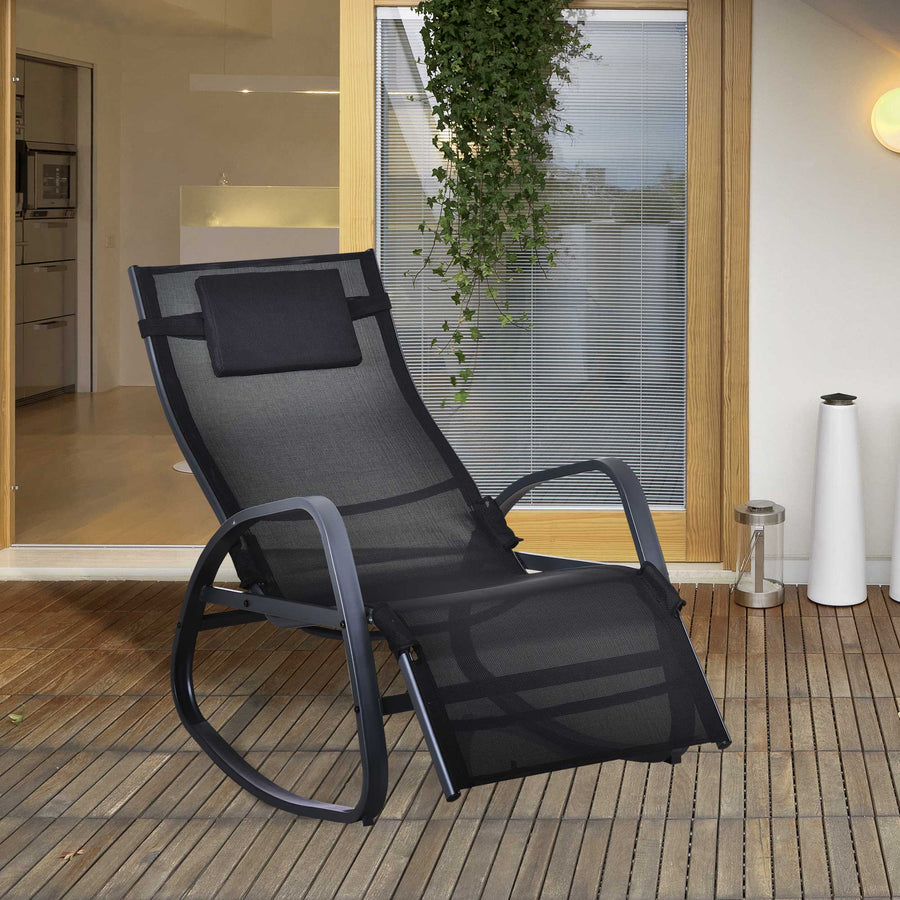 Garden Rocking Chair with 5-Level Adjustable Backrest, Rocking Sun Lounger with Removeable Headrest Pillow, Footrest, Armrest and Safety Stopper, Black