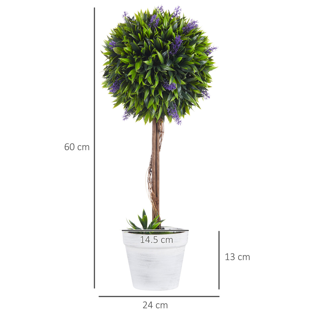 Set of 2 Decorative Artificial Plants Ball Trees with Lavender Flowers in Pot Fake Plants for Home Indoor Outdoor Decor, 60cm, Green