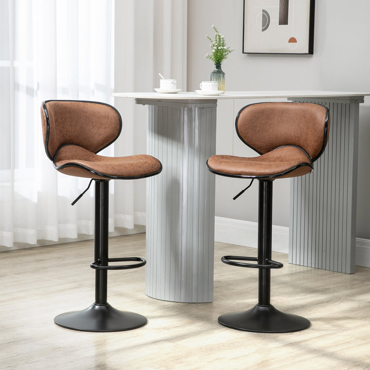 HOMCOM Bar Stool Set of 2 Microfiber Cloth Adjustable Height Armless Chairs with Swivel Seat, Brown | Aosom UK