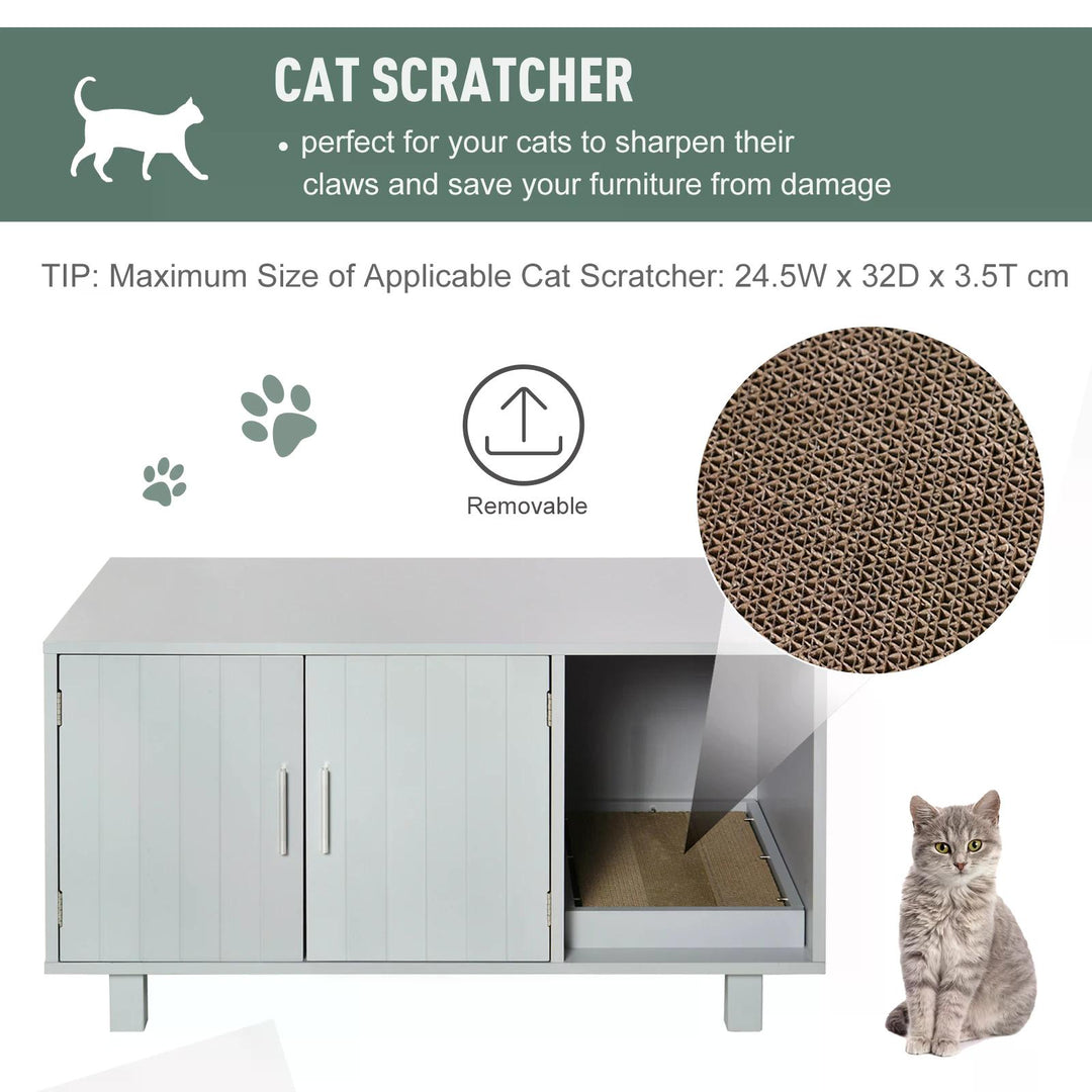 PawHut Cat Litter Box Enclosure, Wooden, Nightstand/End Table Design, with Scratcher, Magnetic Doors, Grey | Aosom UK