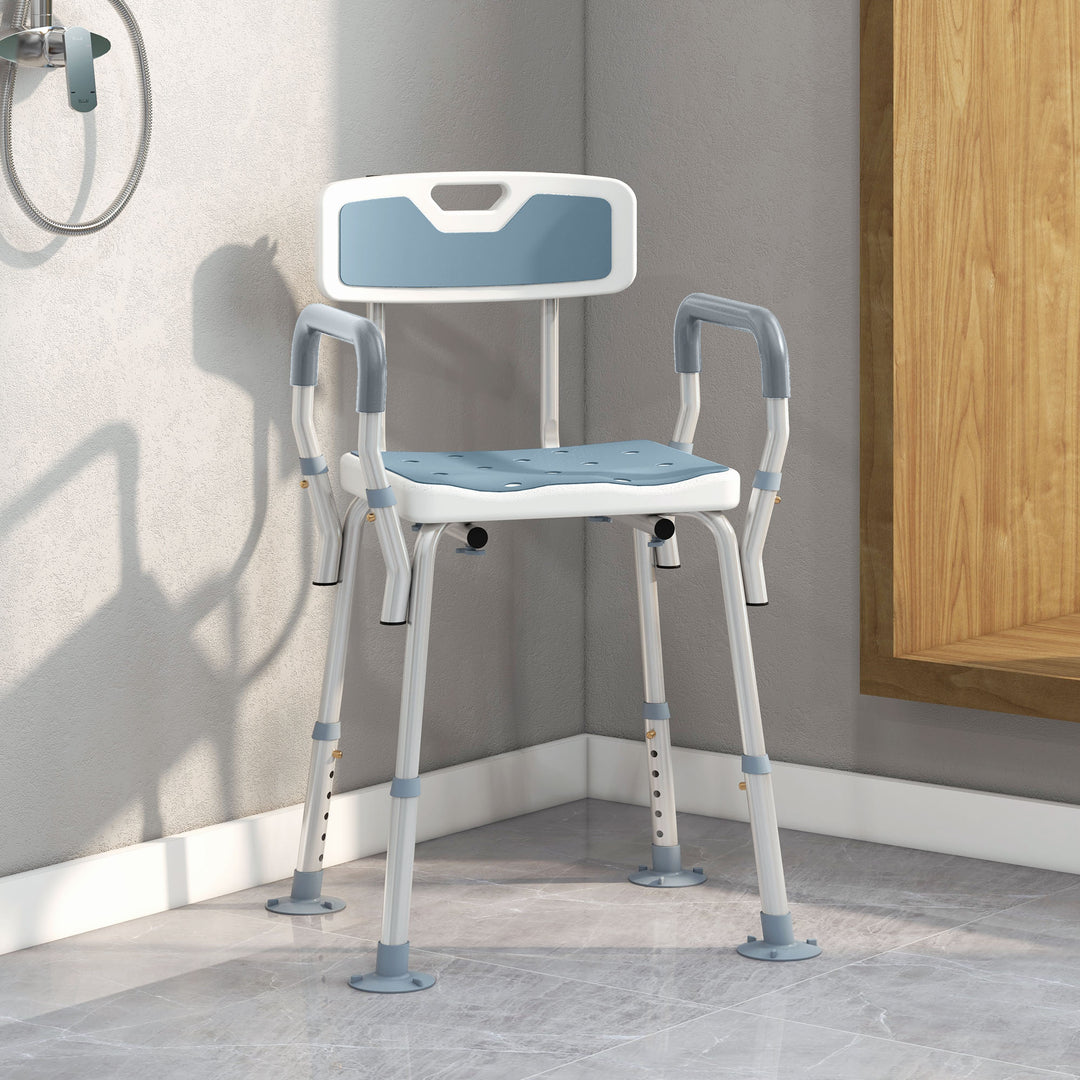 HOMCOM EVA Padded Shower Chair for the Elderly and Disabled, Height Adjustable Shower Stool with Back and Arms, 4 Suction Foot Pads, Light Blue | Aosom UK