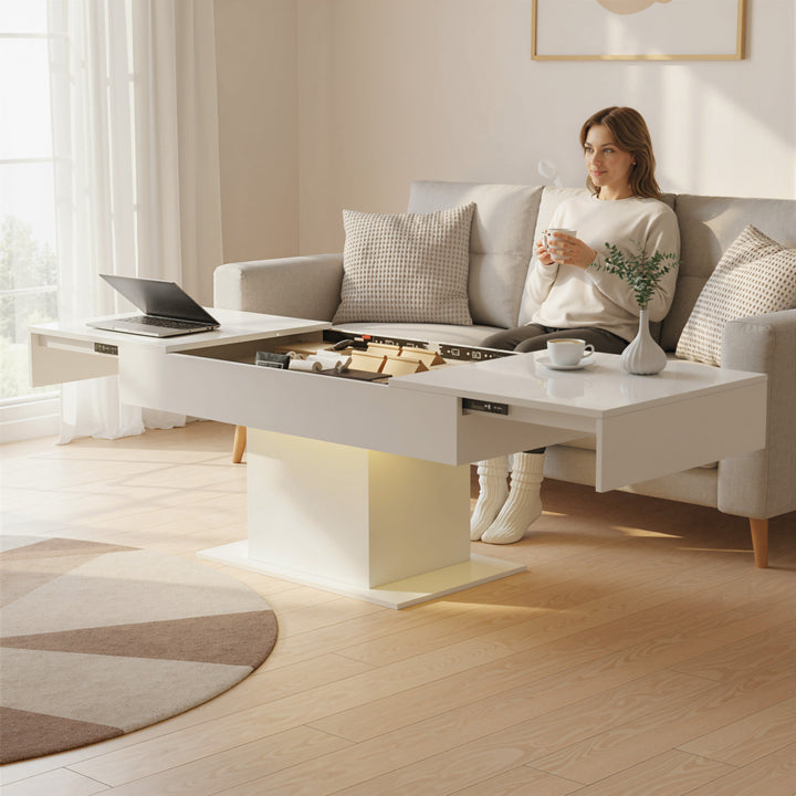 Extendable Coffee Table with LED Lights and Storage - High Gloss