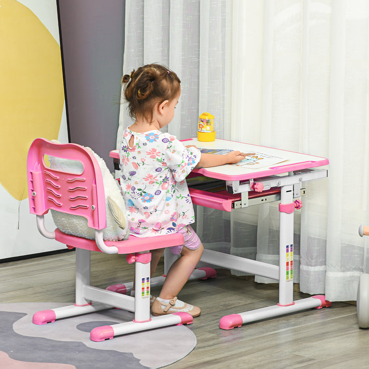 HOMCOM Adjustable Kids Desk and Chair Set, Student Writing Desk with Drawer, Pen Slot, Hook, Pink | Aosom UK