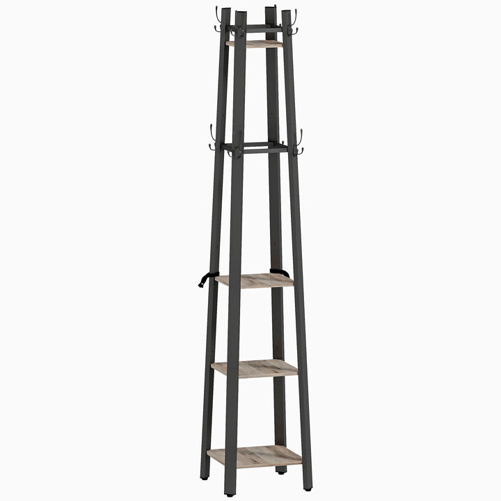 Industrial Coat Stand with 8 Hooks and 4 Shelves - Grey