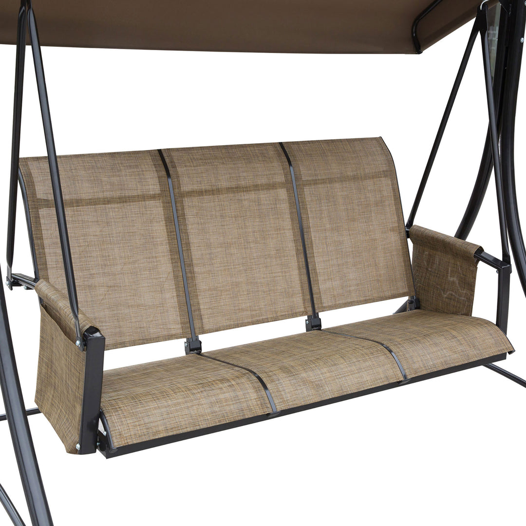 3 Seater Garden Swing Seat Outdoor Swing Chair with High Back Design, Steel Frame, Side Pouches, Adjustable Canopy, Brown