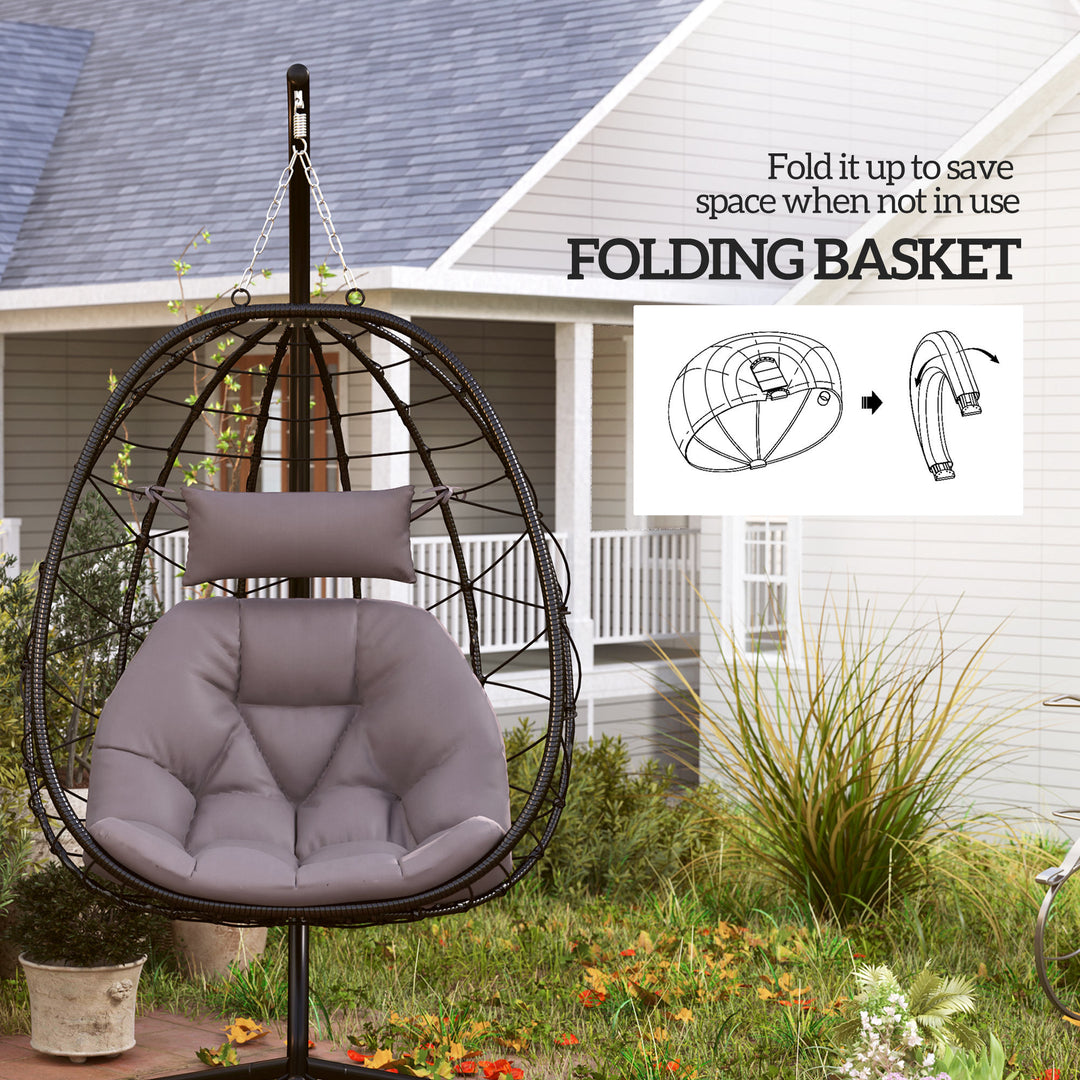 Hanging Egg Chair Outdoor Indoor Garden Swing Chair with Folding Basket, Thickened Cushion, Garden Hanging Chair with Stand, Headrest for Patio, Balcony, Grey