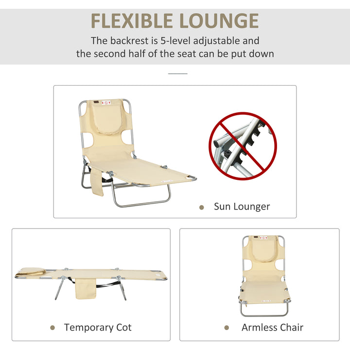 Foldable Sun Lounger, Beach Chaise Lounge with Reading Hole, Arm Slots, 5-Position Adjustable Backrest, Side Pocket, Pillow for Garden, Beach, Pool, Beige