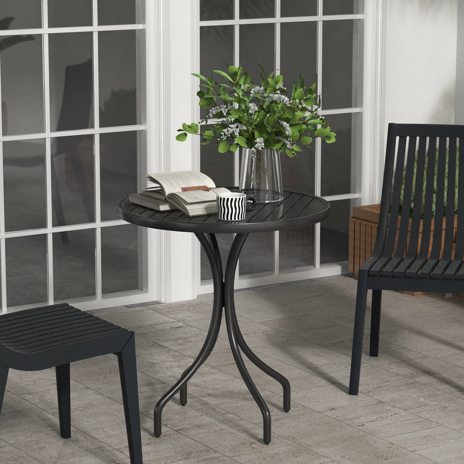 66cm Patio Table, Round Garden Table, Outdoor Side Table with Steel Fr