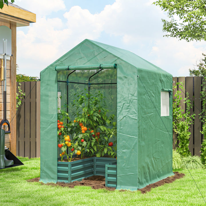 Small Greenhouse with Raised Garden Bed, Galvanised Walk-in Greenhouse with Roll Up Windows, 141 x 141 x 190 cm