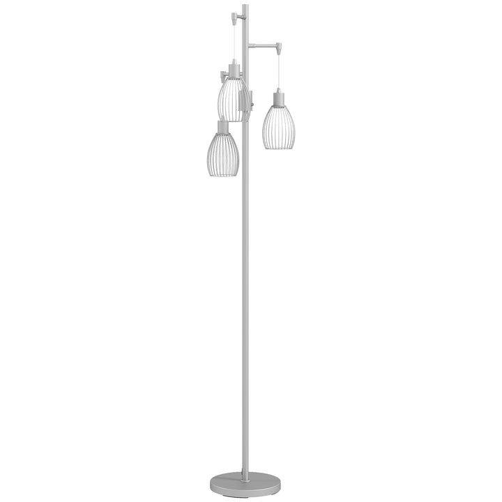 3-Light Floor Lamp, 170cm Industrial Dimmable Standing Lamp with Steel Wire Cage Lampshades for Living Room, Bedroom, Dining Room, Study, Silver Tone