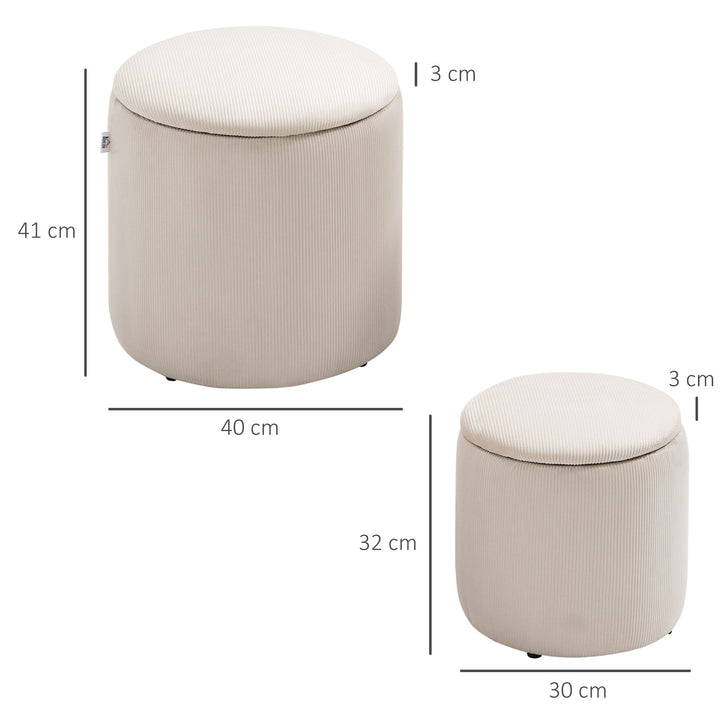 HOMCOM Modern Storage Ottoman with Removable Lid, Fabric Storage Stool, Foot Stool, Dressing Table Stool Side Table, Set of 2, Cream White