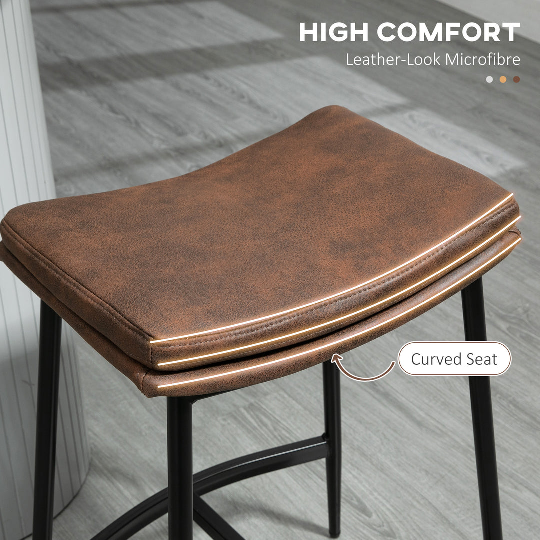 Breakfast Bar Stools Set of 2, Microfibre Upholstered Barstools, Industrial Bar Chairs with Curved Seat and Steel Frame for Dining Room, Kitchen, Brown
