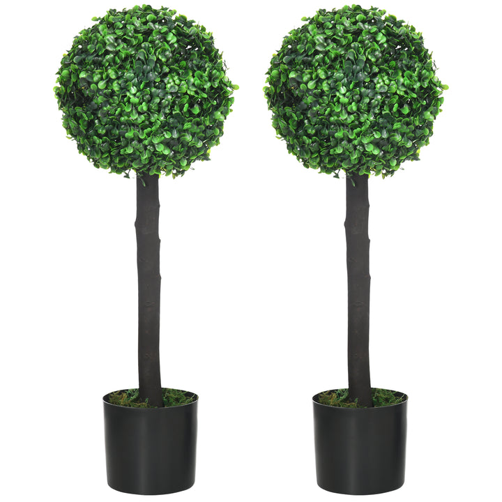 HOMCOM Artificial Boxwood Topiary Balls Set of 2: Faux Plants in Pots, Indoor Outdoor Decor, 20x20x60cm, Green. | Aosom UK