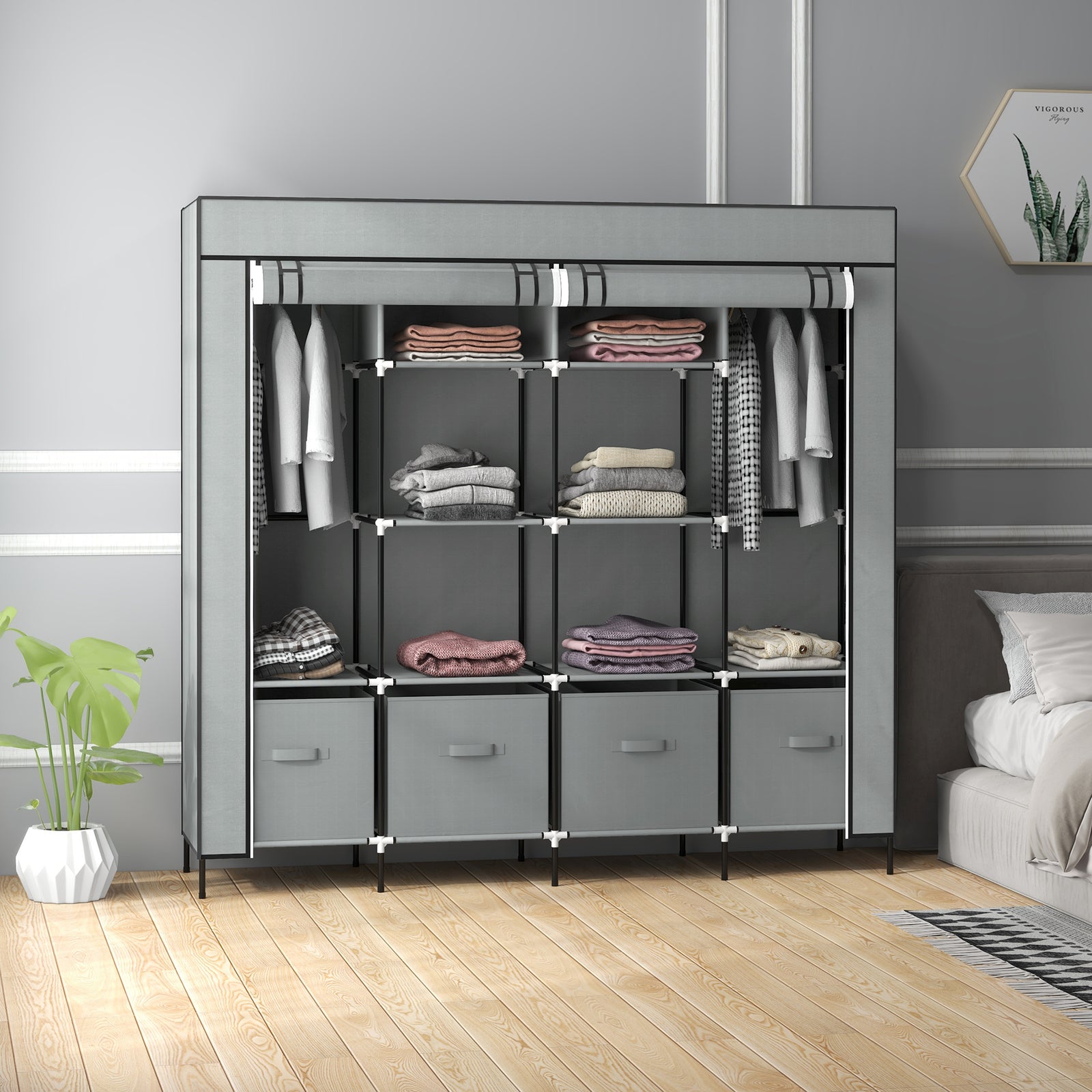 Fabric Wardrobe for Bedroom, Portable Cloth Wardrobe with 10 Compartments, 2 Hanging Rails and 4 Fabric Drawers, 166 x 42.5 x 169.5cm, Dark Grey