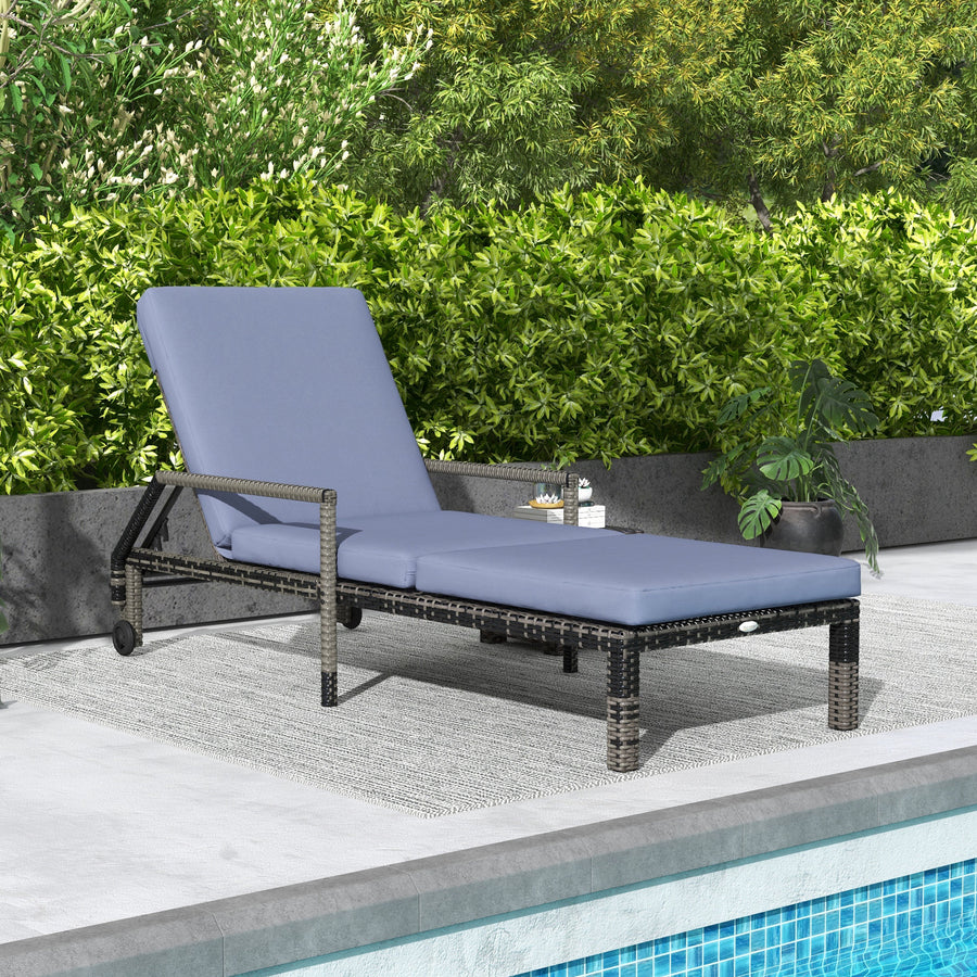Outdoor PE Rattan Sun Lounger, 5-Level Adjustable Backrest Wicker Outdoor Chaise Recliner, Garden Chair with 2 Wheels, Mixed Grey