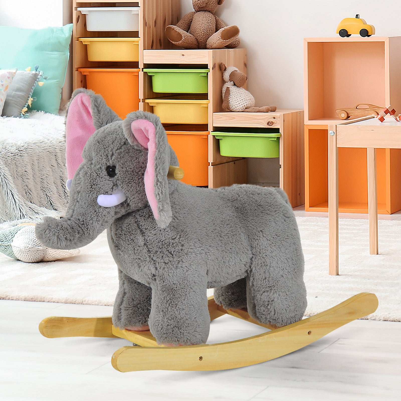 Kids Children Rocking Horse Plush Ride on Animal Wooden Riding Traditional Rocker Gift w/32 nursery rhymes (Grey Elephant)