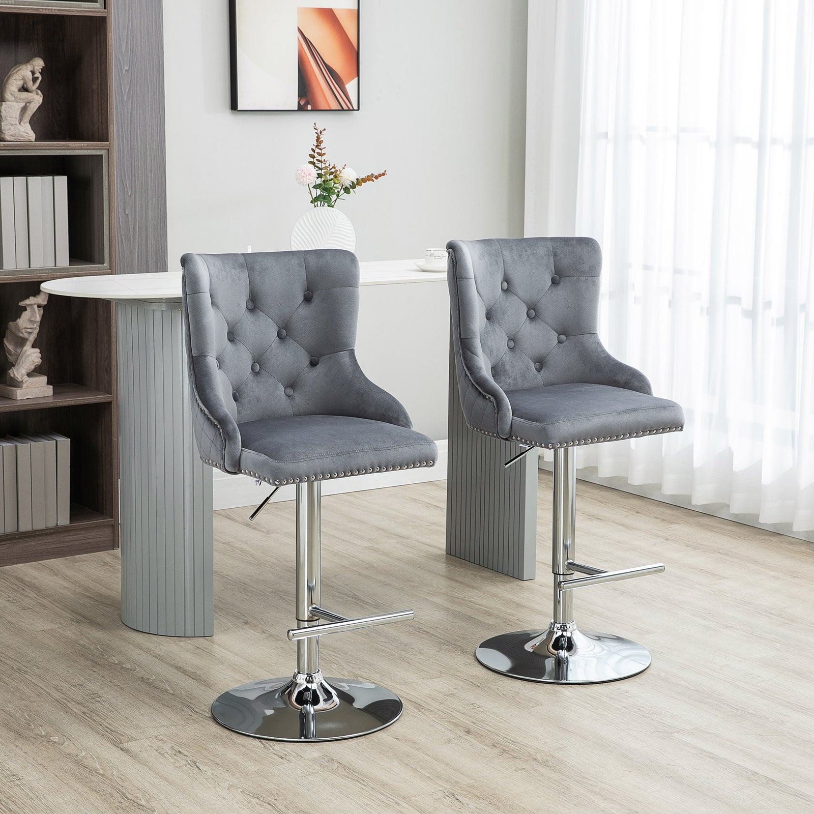 Bar Stools Set of 2, Modern Swivel & Adjustable Velvet Barstools with Button Tufted Back, Footrest, Nailhead Trim for Home Bar, Grey