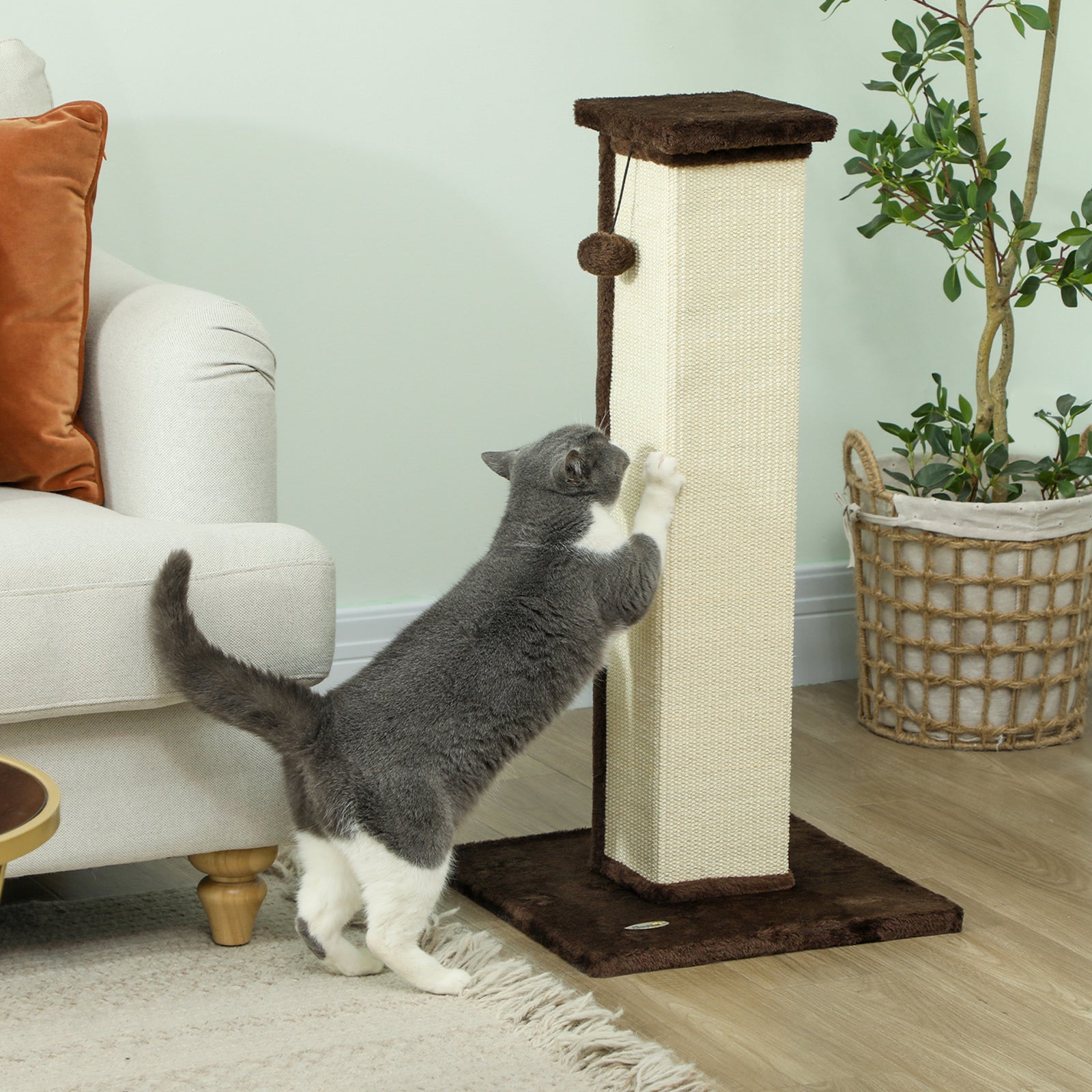 81cm Cat Scratcher, Vertical Full Scratcher w/ Natural Sisal Rope, Hanging Ball, Soft Plush - Brown