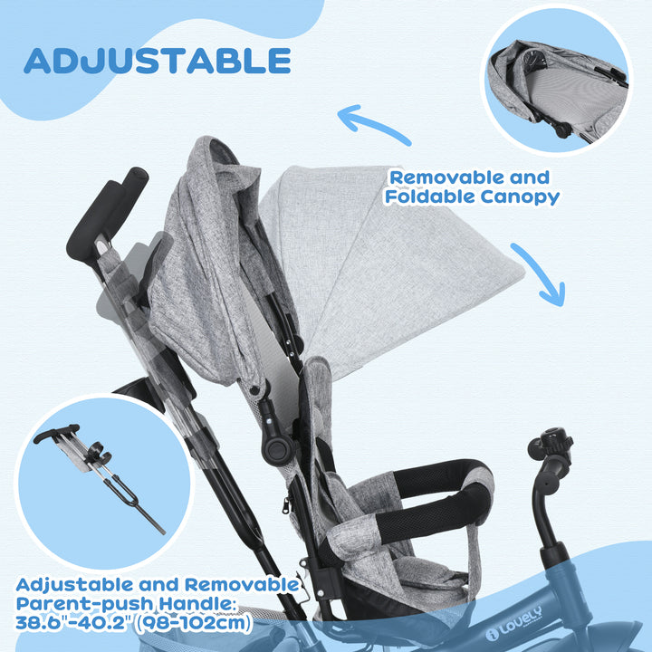 6 in 1 Kids Trike with Parent Handle, Canopy, 5-point Safety Belt, Storage, Footrest, Brake, for 1-5 Years, Grey