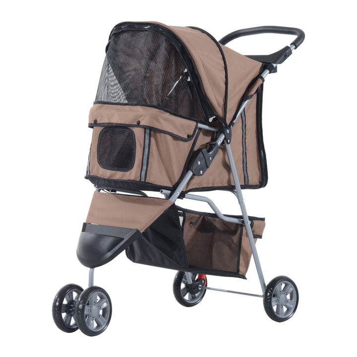 Dog Stroller, 3 Wheels Foldable Cat Dog Pram with Cup Holder, Storage Basket, Pet Stroller for Small Miniature Dogs, Brown