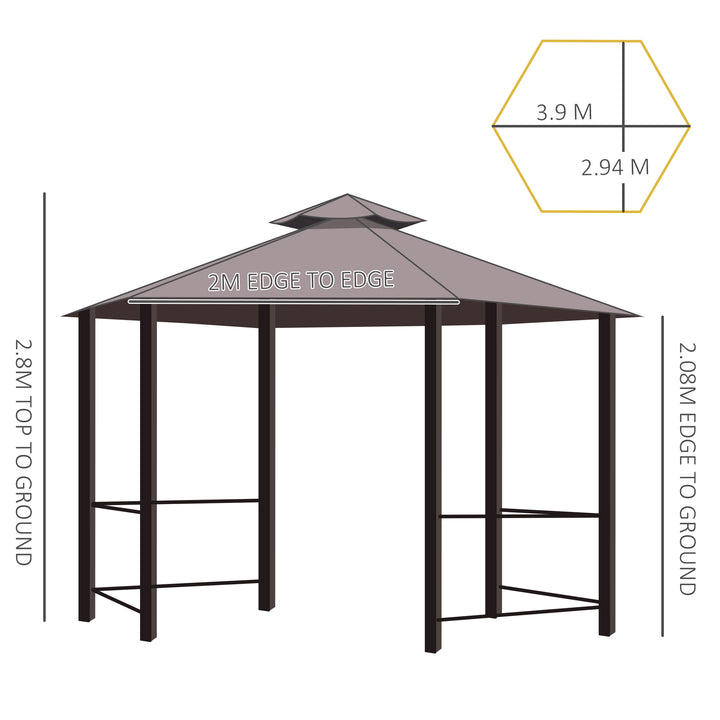 MCL 3 x 3(m) Hexagon Gazebo Patio Canopy Party Tent Outdoor Garden Shelter w/ 2 Tier Roof & Side Panel - Brown