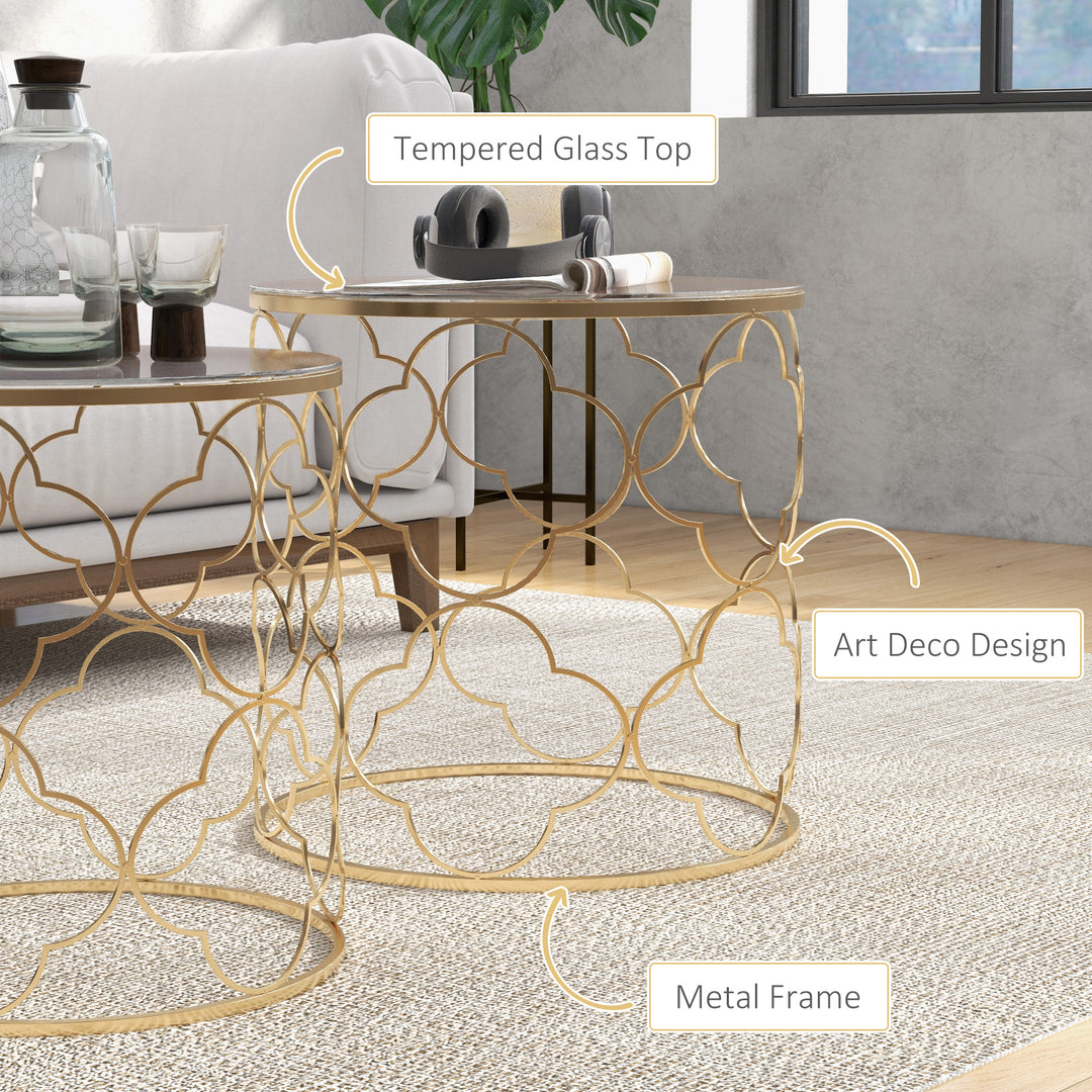 MCL Nesting Tables Set of 2, Modern Stacking Side End Table with Tempered Glass Top, Metal Frame for Living Room Bedroom Office, Gold Tone