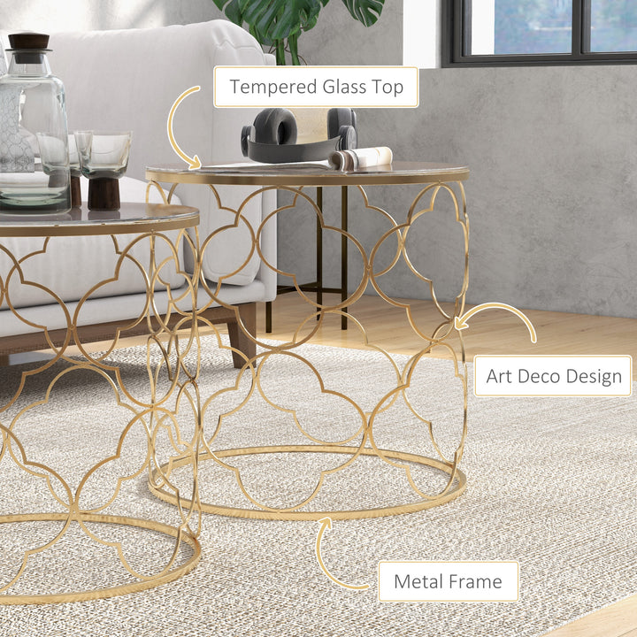 MCL Nesting Tables Set of 2, Modern Stacking Side End Table with Tempered Glass Top, Metal Frame for Living Room Bedroom Office, Gold Tone