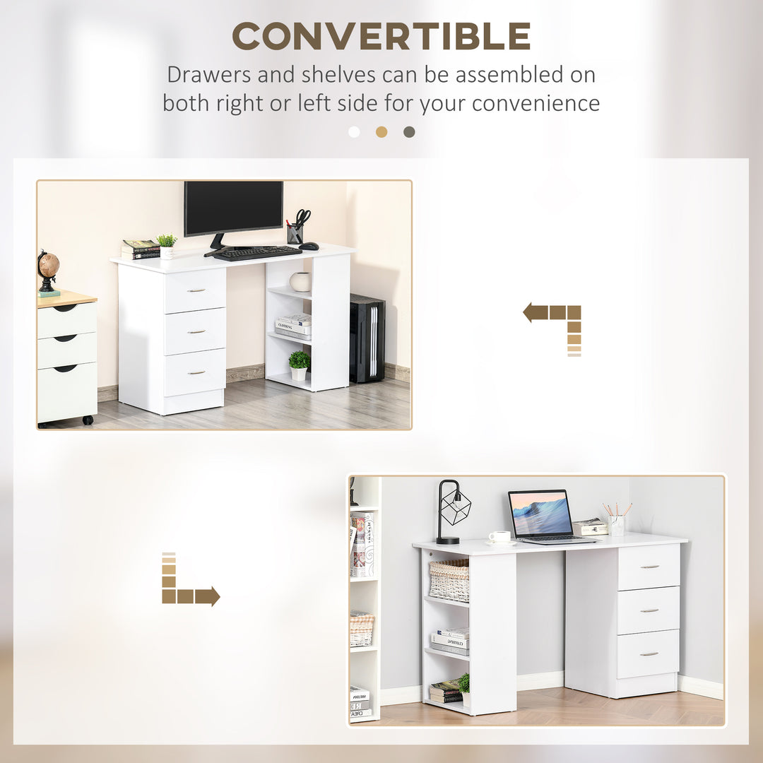 Computer Desk, Writing Table, PC Workstation with 3 Storage Shelves and Drawers, Silver Handle, for Home Office, White