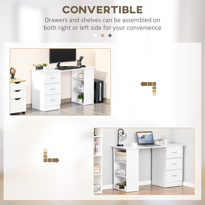 Computer Desk, Writing Table, PC Workstation with 3 Storage Shelves and Drawers, Silver Handle, for Home Office, White