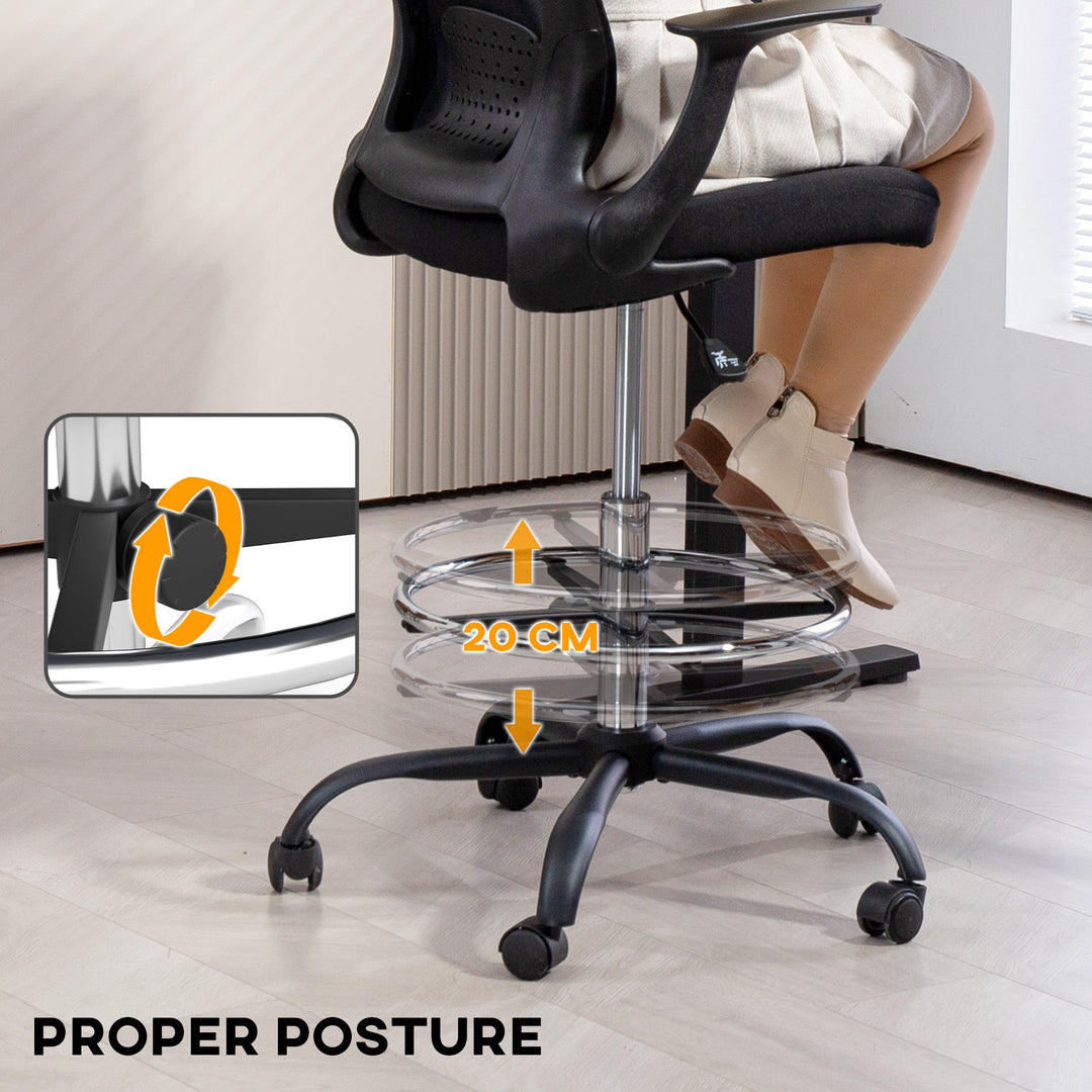 Draughtsman Chair, Mesh Drafting Chair, Ergonomic Office Chair with Flip-up Armrest, Adjustable Foot Ring, Black