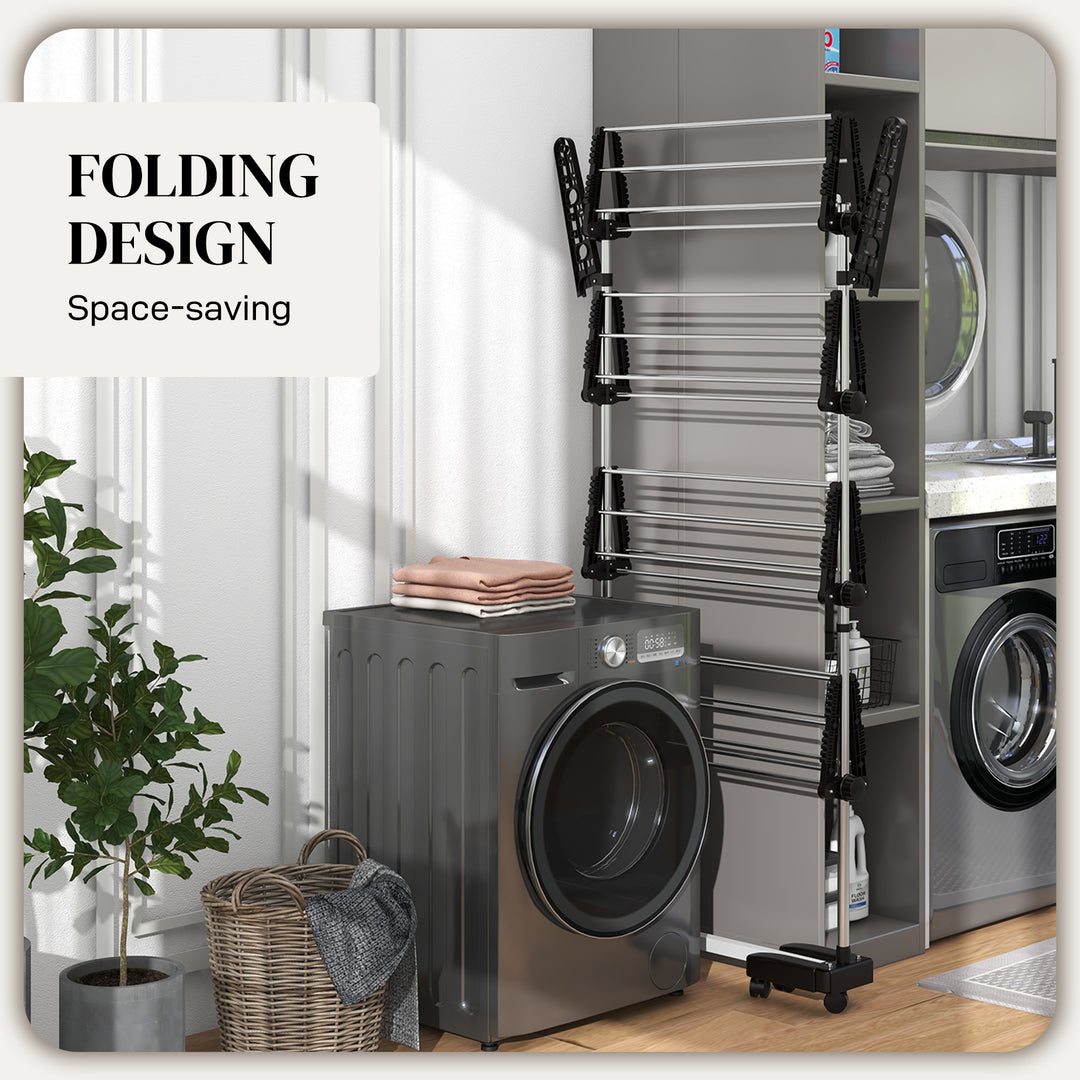 Four-Shelf Collapsing Clothes Horse, With Side Arms and Wheels - Black
