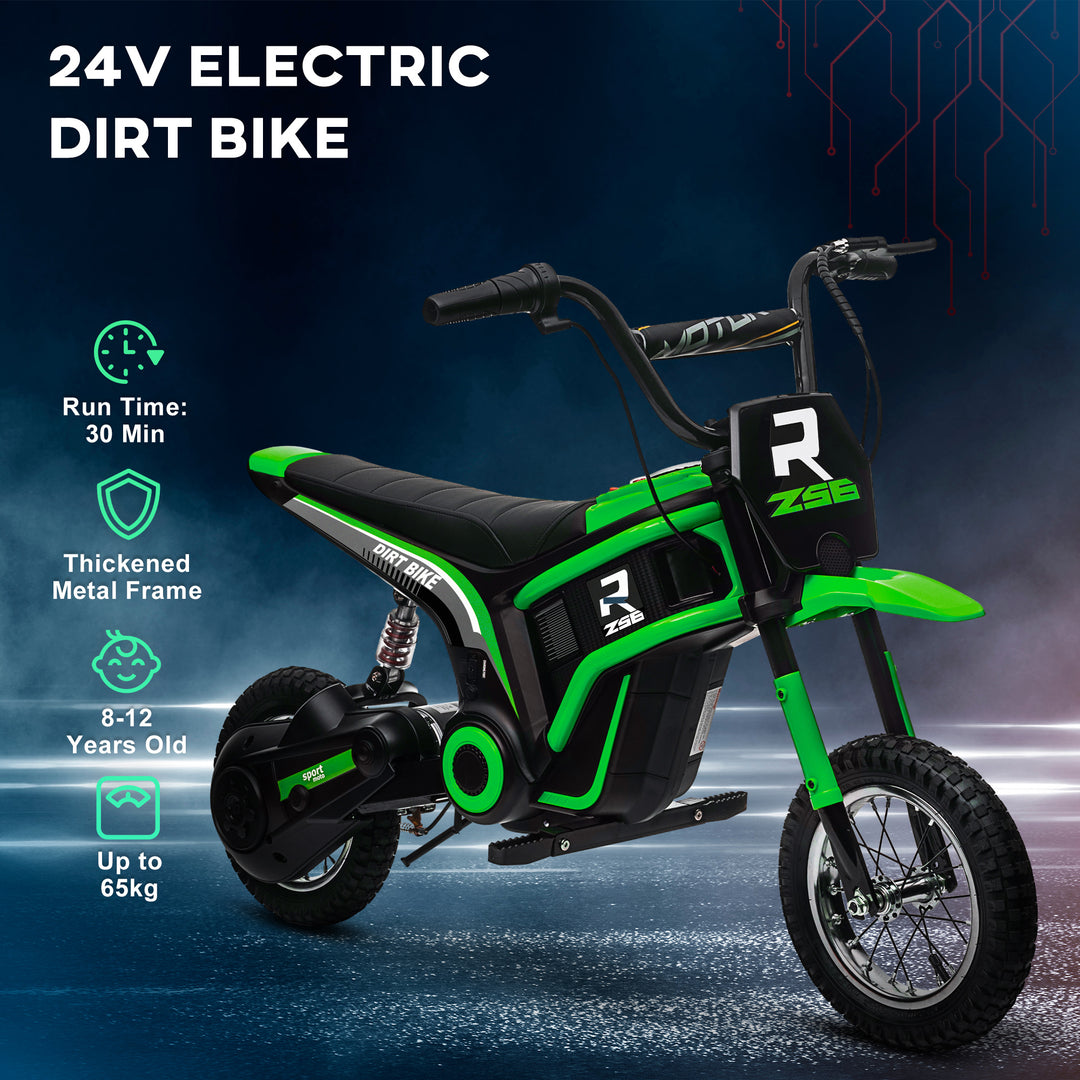 HOMCOM 24V Electric Motorbike, Dirt Bike with Twist Grip Throttle, Music Horn, 12" Pneumatic Tyres, 16 Km/h Max. Speed, Green