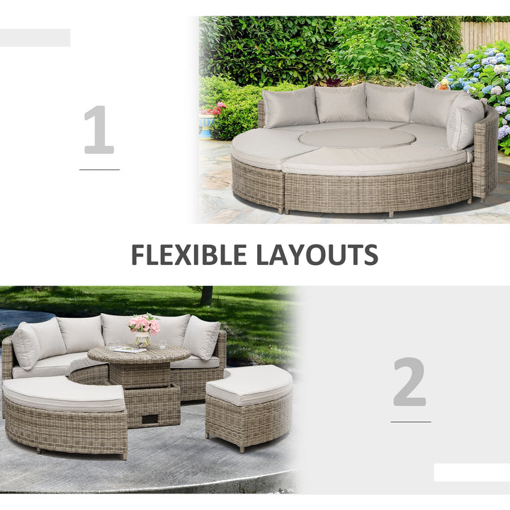 5 Pieces Outdoor PE Rattan Round Garden Daybed with Cushions, Aluminium Patio Furniture Set Lounge Chair Conversation Sofa Set with Liftable Coffee Table and Protect Cover, Grey