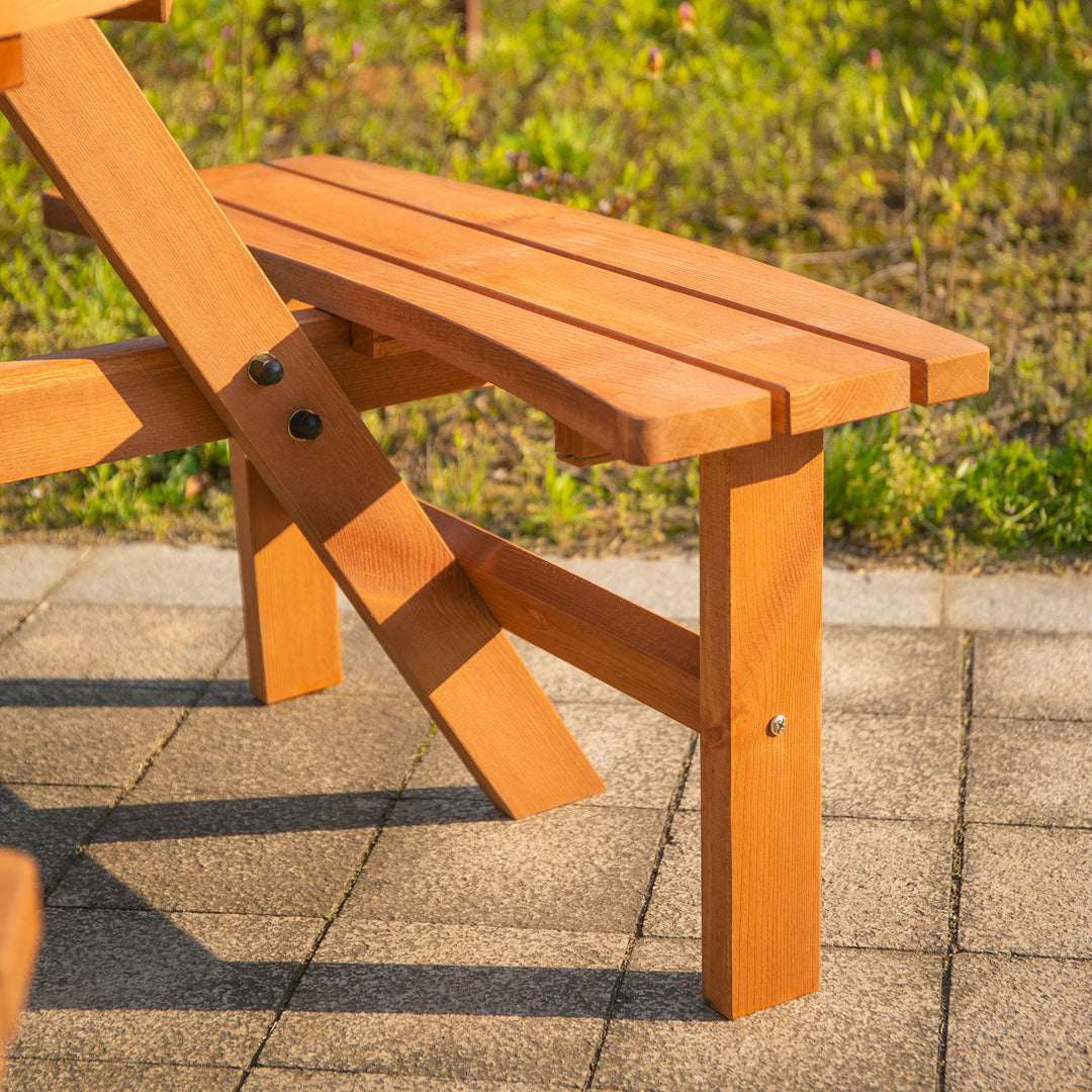 Outsunny 6 Seater Wooden Picnic Table and Garden Benches Set, Round Garden Dining Set with 3 Benches and Umbrella Hole Outdoor Garden Park, Brownish Red