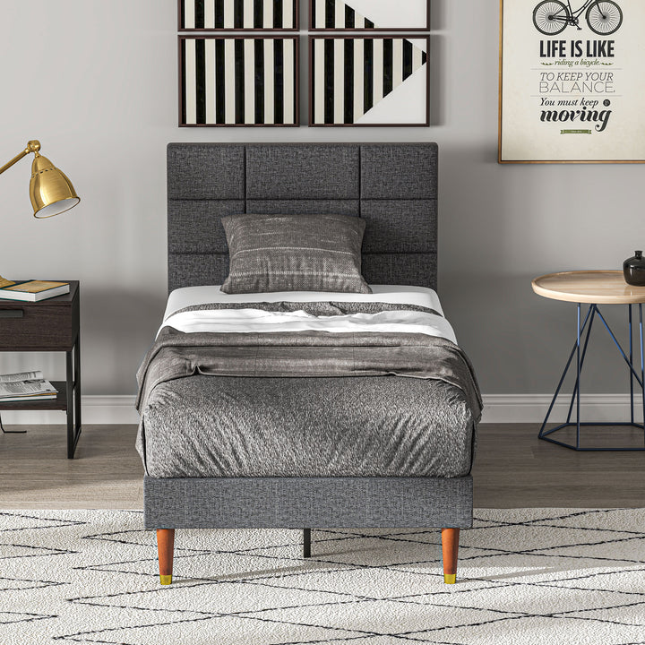 Upholstered Single Bed Frame, with Slats - Grey